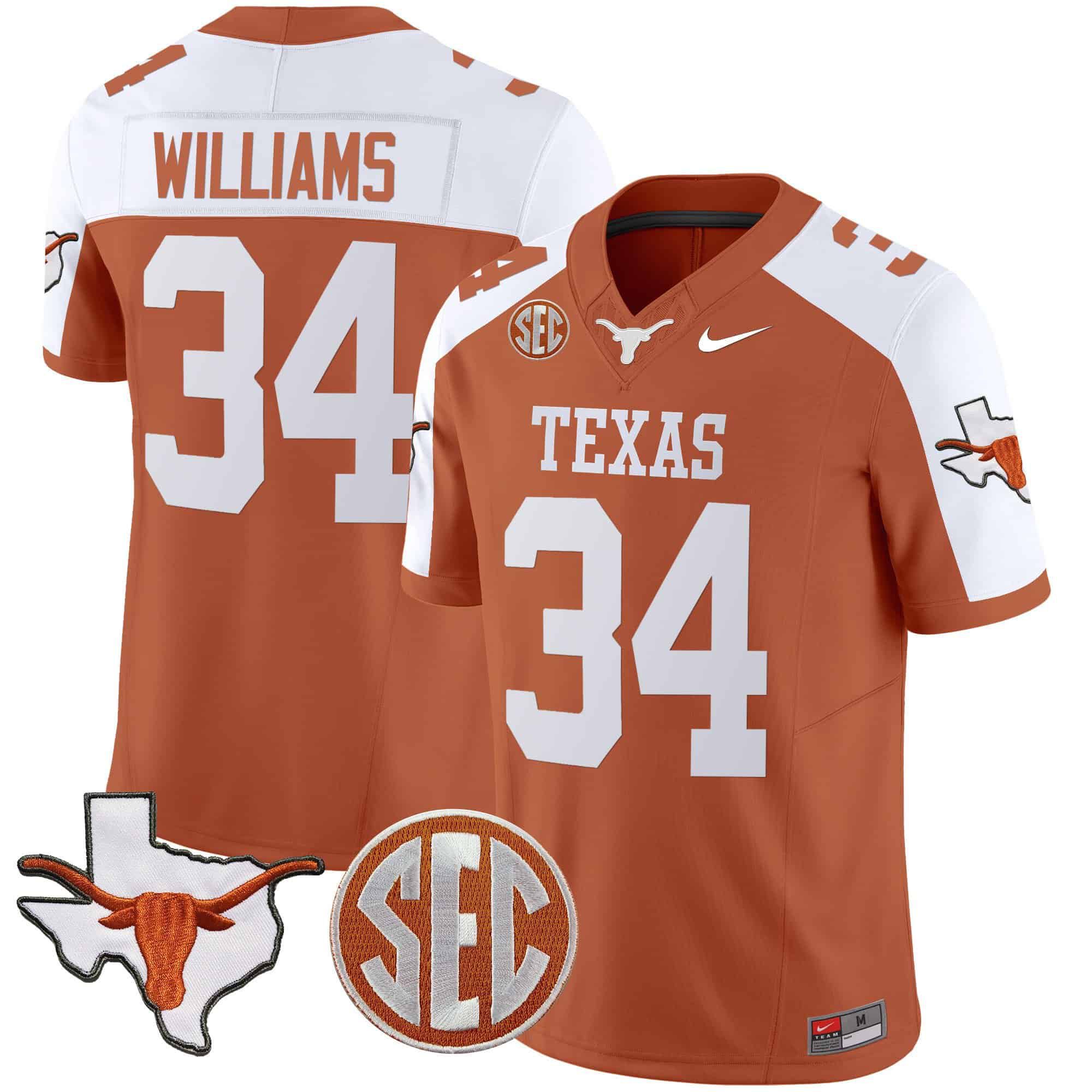 Men Texas Longhorns #34 Williams Orange 2024 Nike State Map & SEC Patch Vapor NCAA Jersey